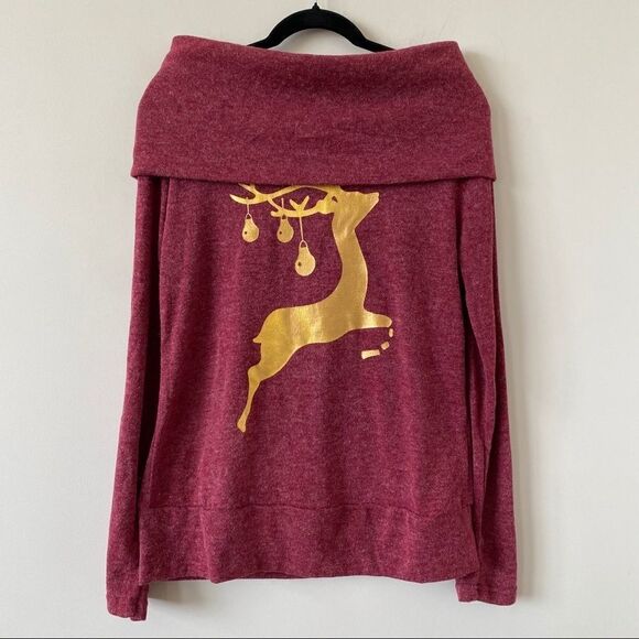 Off-Shoulder Reindeer Gold Christmas Sweater - Picture 1 of 6